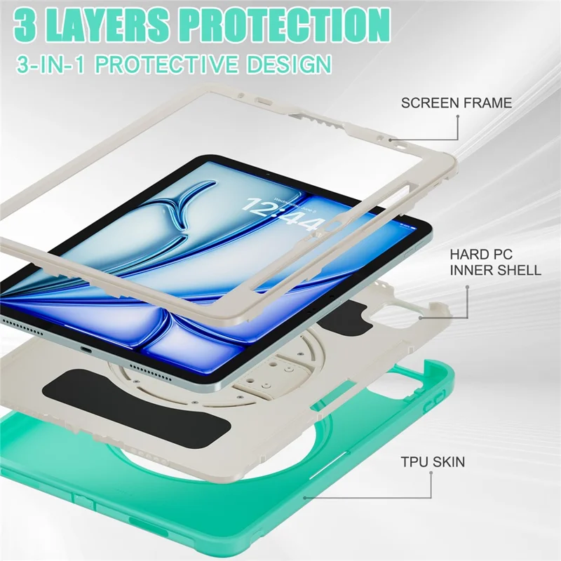 pour ipad air 11 (2024) / air (2022) / (2020) / ipad pro 11 (2022) / (2021) / (2020) / (2018) rotary kickstand pc + tpu tablet case avec sangle à main - cyan