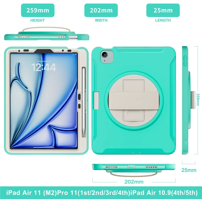 pour ipad air 11 (2024) / air (2022) / (2020) / ipad pro 11 (2022) / (2021) / (2020) / (2018) rotary kickstand pc + tpu tablet case avec sangle à main - cyan