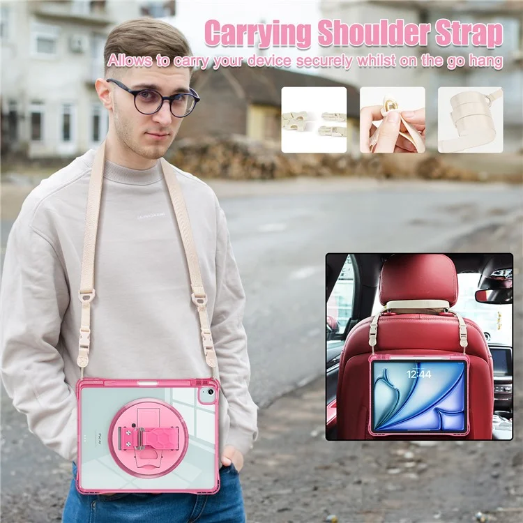 per ipad air 13 (2024) / ipad pro 12.9 (2022) /(2021) /(2020) /(2018) kickstand case pc+tpu+copertura acrilica con cinturino - rosa