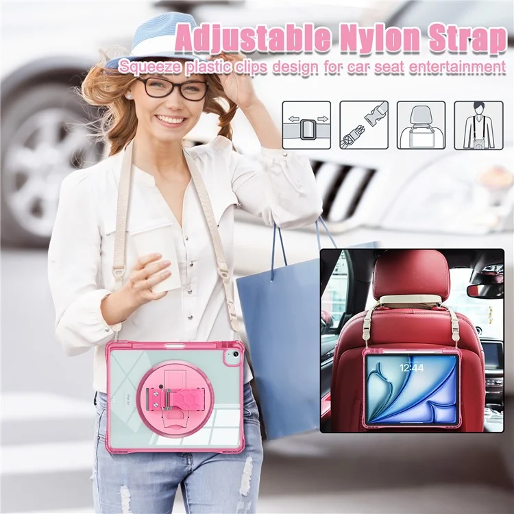 per ipad air 13 (2024) / ipad pro 12.9 (2022) /(2021) /(2020) /(2018) kickstand case pc+tpu+copertura acrilica con cinturino - rosa