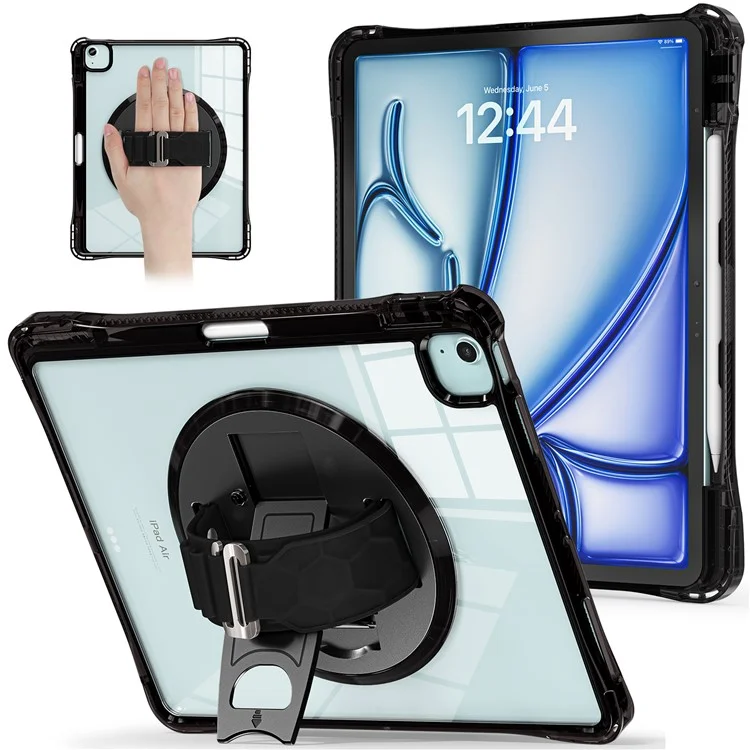 For iPad Air 13 (2025) / (2024) / Pro 12.9 (2022) / (2021) / (2020) / (2018) Case Kickstand PC+TPU+Acrylic Clear Tablet Cover - Black
