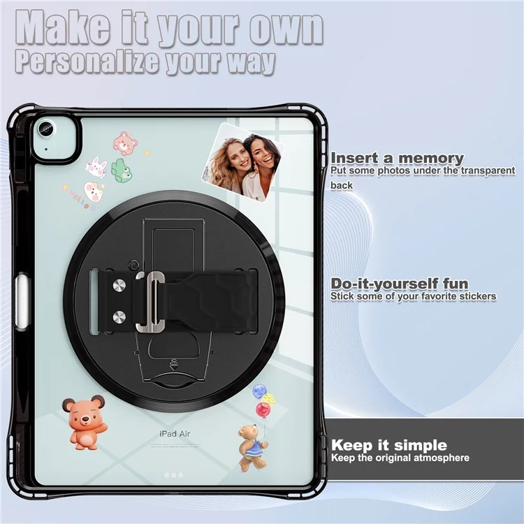 For iPad Air 13 (2025) / (2024) / Pro 12.9 (2022) / (2021) / (2020) / (2018) Case Kickstand PC+TPU+Acrylic Clear Tablet Cover - Black