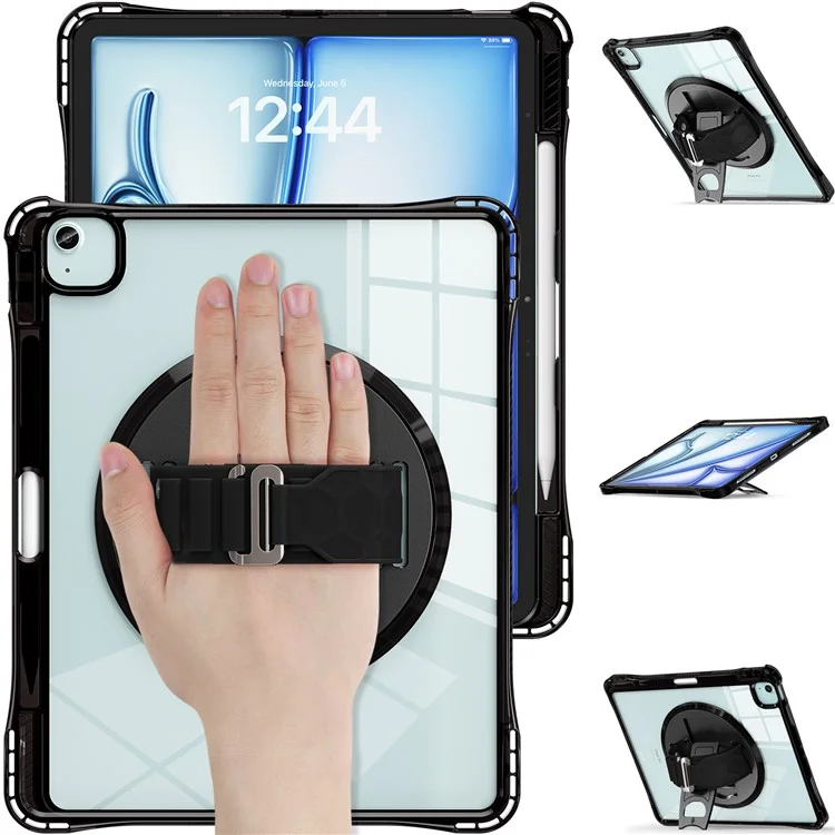 For iPad Air 13 (2025) / (2024) / Pro 12.9 (2022) / (2021) / (2020) / (2018) Case Kickstand PC+TPU+Acrylic Clear Tablet Cover - Black