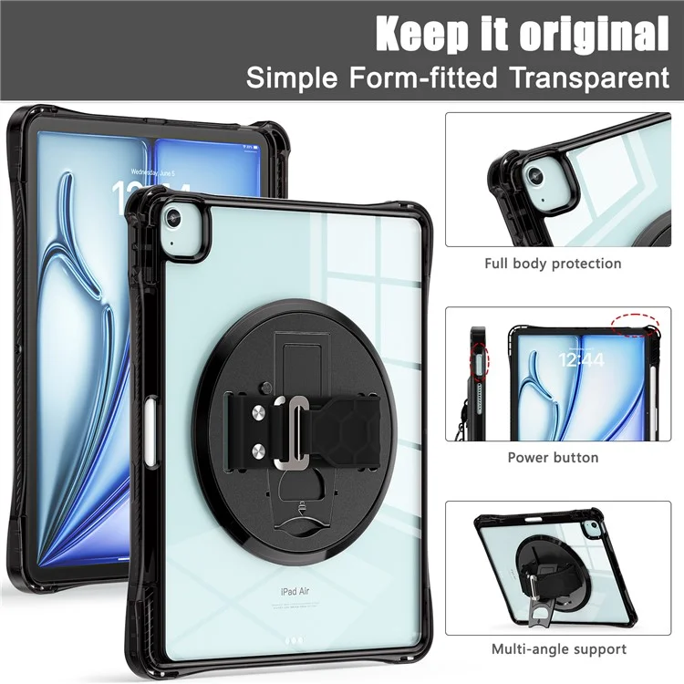 For iPad Air 13 (2025) / (2024) / Pro 12.9 (2022) / (2021) / (2020) / (2018) Case Kickstand PC+TPU+Acrylic Clear Tablet Cover - Black