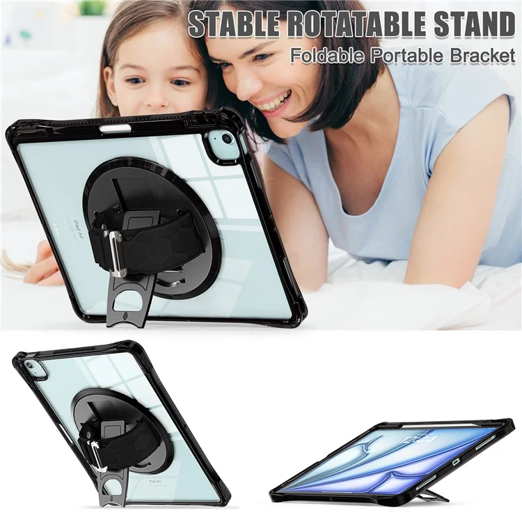 For iPad Air 13 (2025) / (2024) / Pro 12.9 (2022) / (2021) / (2020) / (2018) Case Kickstand PC+TPU+Acrylic Clear Tablet Cover - Black