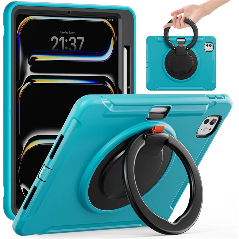 For iPad Pro 11 (2024) Case Hand Grip Kickstand PC+TPU Cover with Pen Slot - Blue