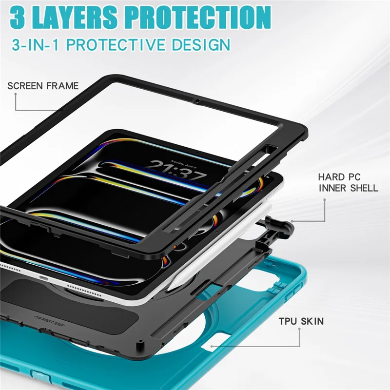 For iPad Pro 11 (2024) Case Hand Grip Kickstand PC+TPU Cover with Pen Slot - Blue