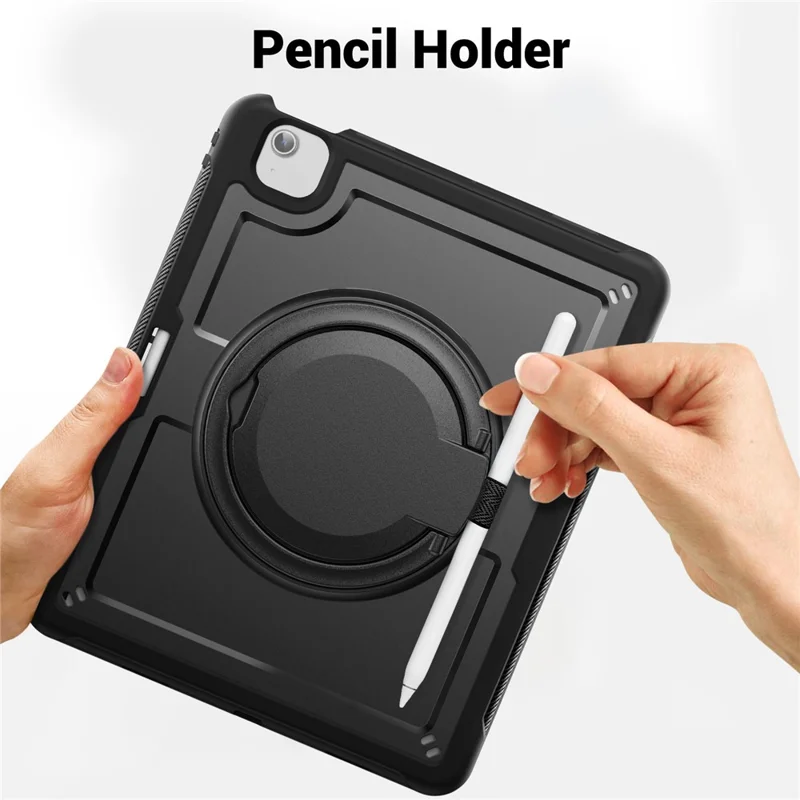 For iPad Air 13 (2026) / (2025) / (2024) Case with Shoulder Strap / Pencil Slot Kickstand PC+TPU Tablet Cover - Black