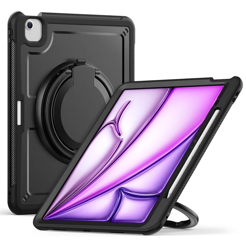 For iPad Air 13 (2026) / (2025) / (2024) Case with Shoulder Strap / Pencil Slot Kickstand PC+TPU Tablet Cover - Black