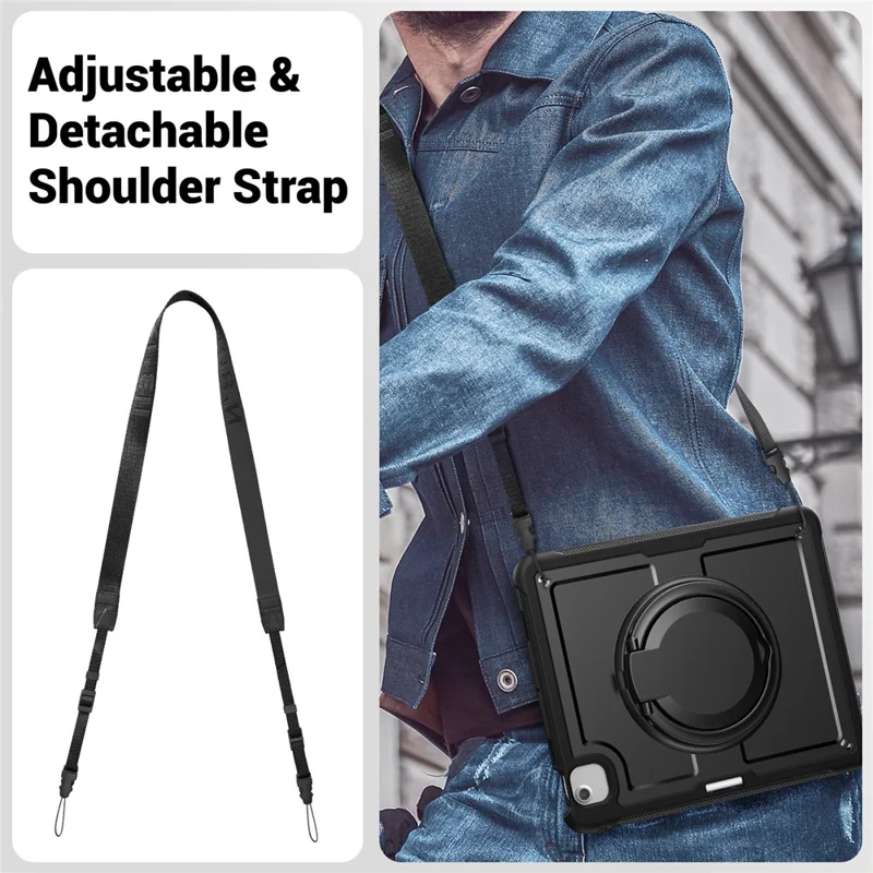 For iPad Air 13 (2026) / (2025) / (2024) Case with Shoulder Strap / Pencil Slot Kickstand PC+TPU Tablet Cover - Black