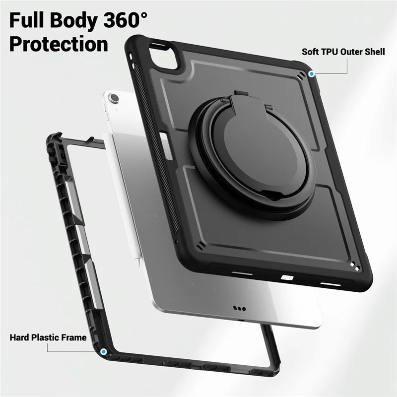 For iPad Air 13 (2026) / (2025) / (2024) Case with Shoulder Strap / Pencil Slot Kickstand PC+TPU Tablet Cover - Black