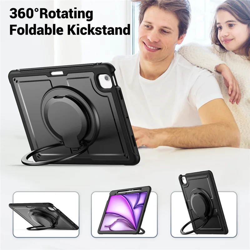 For iPad Air 13 (2026) / (2025) / (2024) Case with Shoulder Strap / Pencil Slot Kickstand PC+TPU Tablet Cover - Black