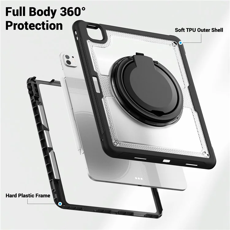 For iPad Air 13 (2025) / (2024) Case with Shoulder Strap / Pencil Slot Kickstand PC+TPU Tablet Cover - Transparent