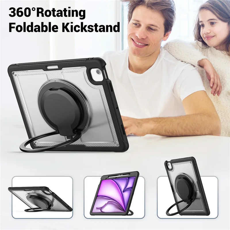 For iPad Air 13 (2025) / (2024) Case with Shoulder Strap / Pencil Slot Kickstand PC+TPU Tablet Cover - Transparent