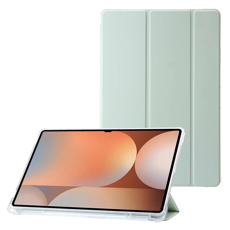 For Samsung Galaxy Tab S10 Ultra Case Tri-Fold Stand Leather+TPU+Acrylic Clear Back Tablet Cover - Light Green