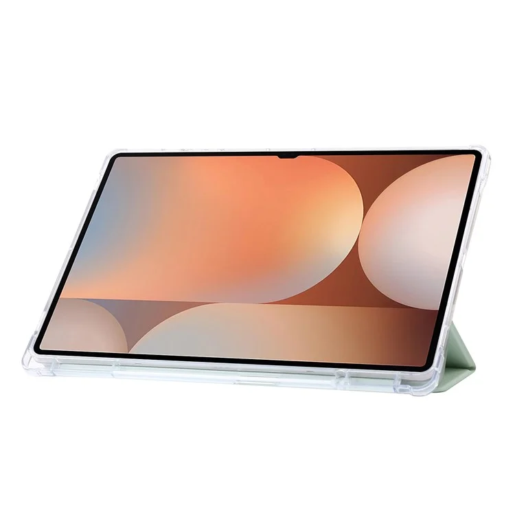 For Samsung Galaxy Tab S10 Ultra Case Tri-Fold Stand Leather+TPU+Acrylic Clear Back Tablet Cover - Light Green