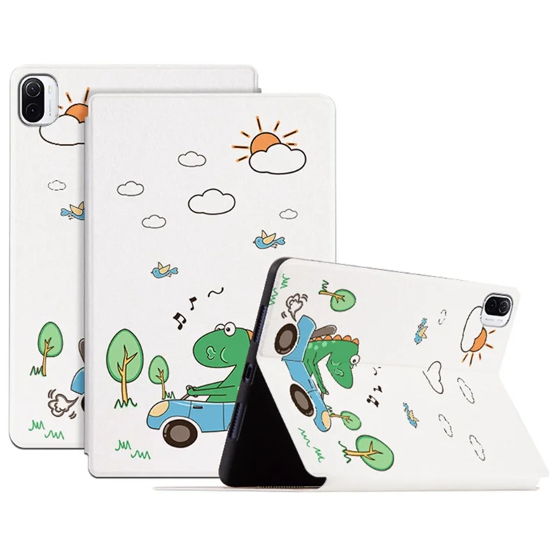 For Xiaomi Pad 5/Pad 5 Pro Scratch Resistant Case with Stand Cartoon Pattern Printed PU Leather Cover Auto Wake/Sleep Tablet Case - Driving Dinosaur