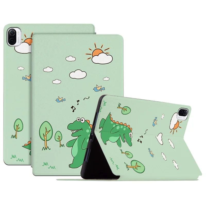 For Xiaomi Pad 5/Pad 5 Pro Scratch Resistant Case with Stand Cartoon Pattern Printed PU Leather Cover Auto Wake/Sleep Tablet Case - Walking Dinosaur