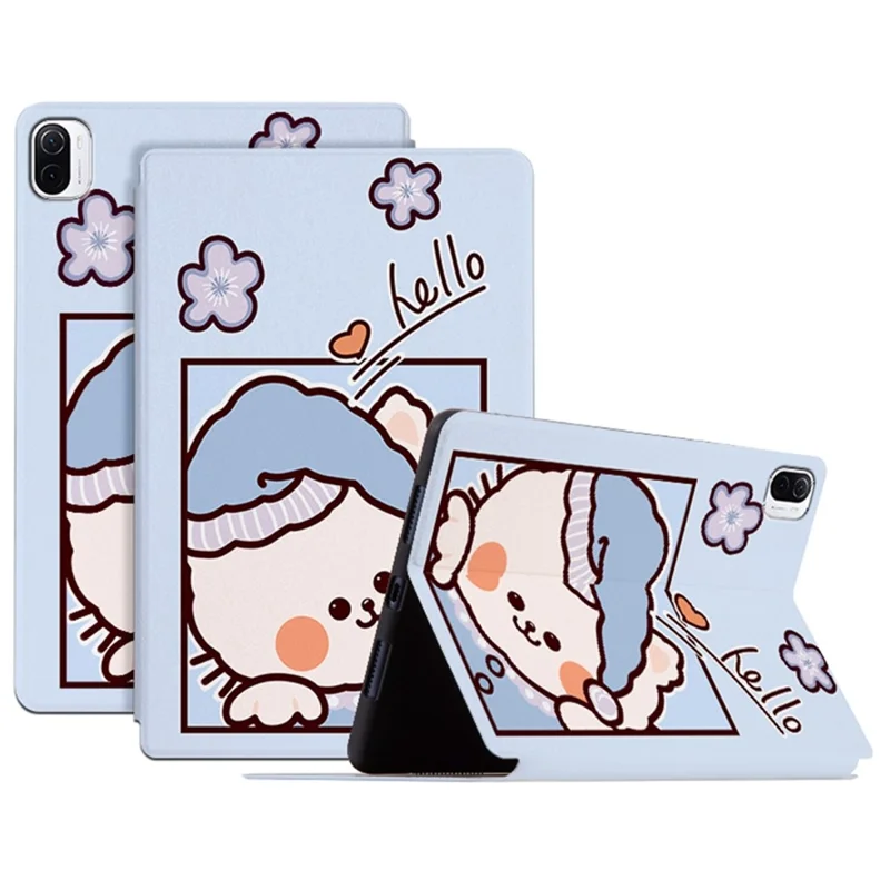 For Xiaomi Pad 5/Pad 5 Pro Scratch Resistant Case with Stand Cartoon Pattern Printed PU Leather Cover Auto Wake/Sleep Tablet Case - Blue Cat/Hello