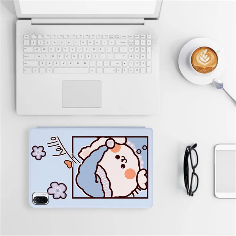 For Xiaomi Pad 5/Pad 5 Pro Scratch Resistant Case with Stand Cartoon Pattern Printed PU Leather Cover Auto Wake/Sleep Tablet Case - Blue Cat/Hello