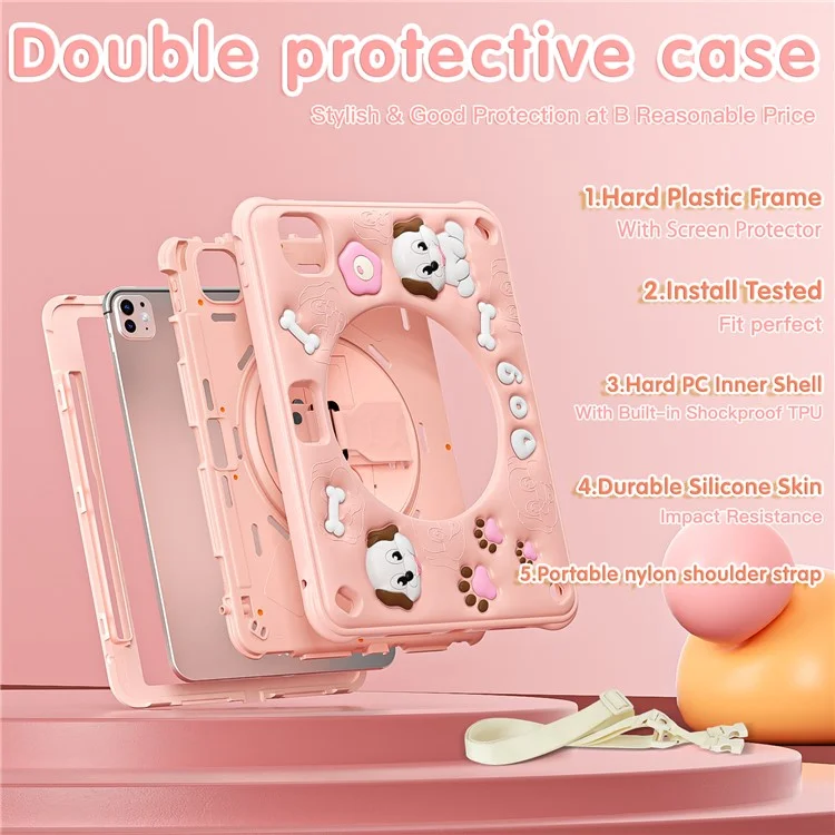 For iPad Pro 11 (2024) Case with Shoulder Strap Kickstand Cute Dog PC+Silicone+TPU Tablet Cover