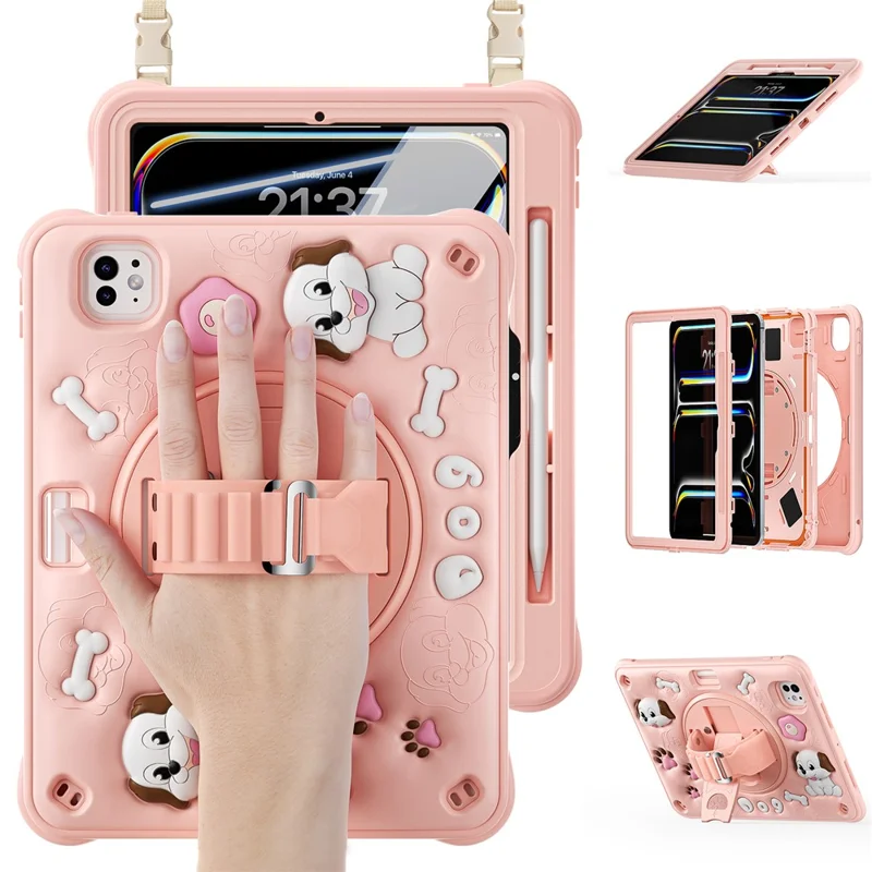 For iPad Pro 11 (2024) Case with Shoulder Strap Kickstand Cute Dog PC+Silicone+TPU Tablet Cover