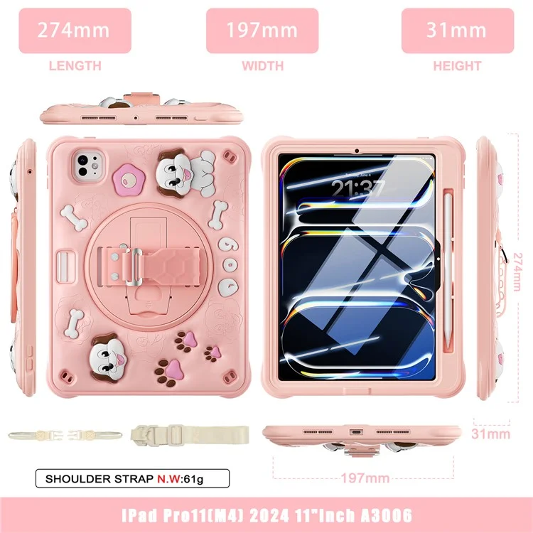 For iPad Pro 11 (2024) Case with Shoulder Strap Kickstand Cute Dog PC+Silicone+TPU Tablet Cover