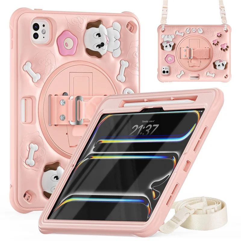 For iPad Pro 11 (2024) Case with Shoulder Strap Kickstand Cute Dog PC+Silicone+TPU Tablet Cover