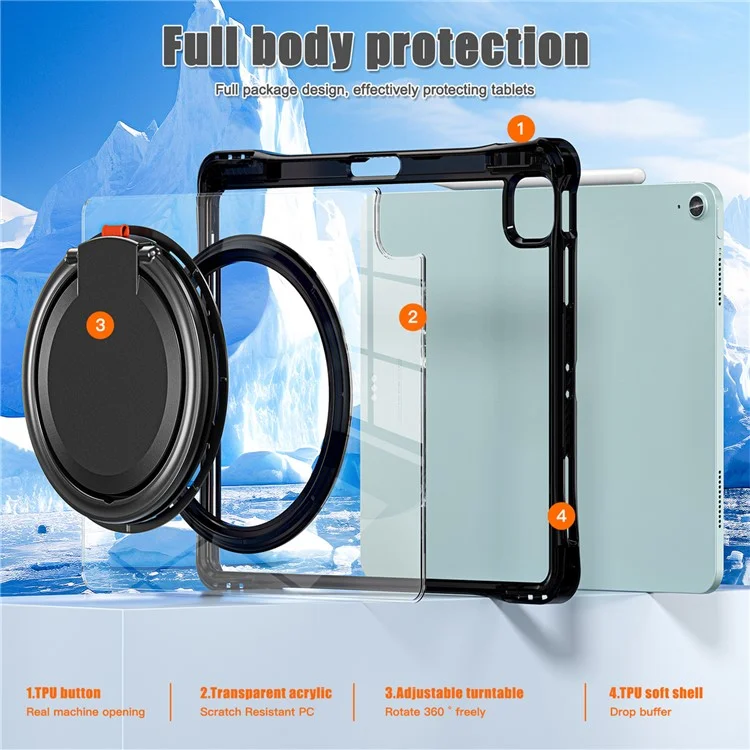 para ipad air 13 (2024) / ipad pro 12.9 (2022) /(2021) /(2020) /(2018) caso de kickstand rotary pc+tpu+cubierta de tableta acrílica - negro
