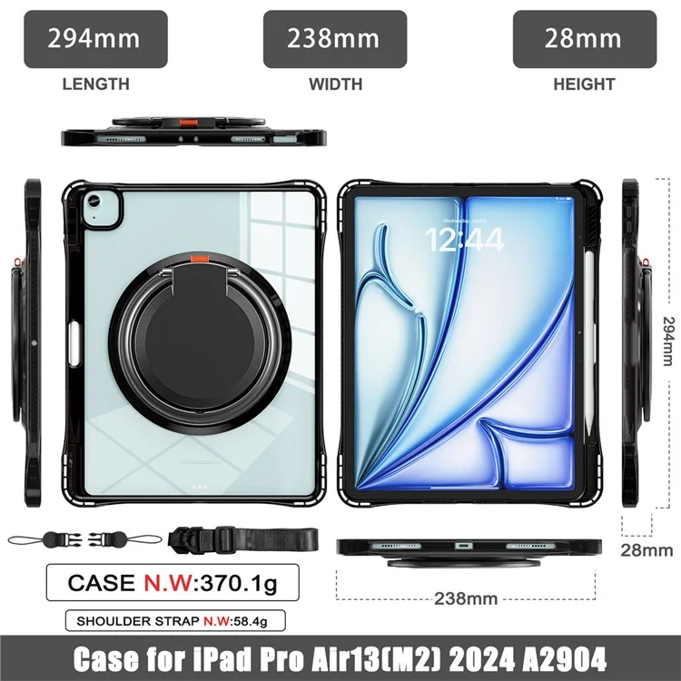 para ipad air 13 (2024) / ipad pro 12.9 (2022) /(2021) /(2020) /(2018) caso con la cubierta de la tableta de la correa de la correa del hombro+tpu+ - negro