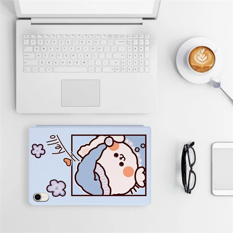 For iPad mini (2024) / mini (2021) Cartoon Pattern Printed Anti-Drop PU Leather Cover Shockproof Stand Tablet Case with Auto Wake / Sleep - Blue Cat / Hello