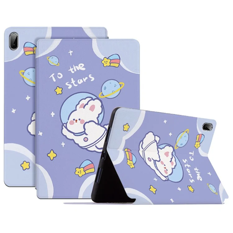 For Lenovo Pad Plus / Lenovo Tab P11 TB-J606F / Tab P11 5G Auto Wake / Sleep Case with Stand Cartoon Pattern Printed PU Leather Cover Protective Tablet Case - Space Rabbit
