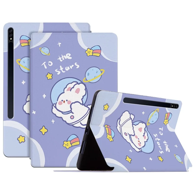 Capa em Couro Sintético com Estampa de Desenho Animado à Prova de Choques para Samsung Galaxy Tab S8+ / Tab S7+ / Tab S7 FE, Capa com Função de Ativação e Suspensão Automáticas e Suporte - Coelho Espacial