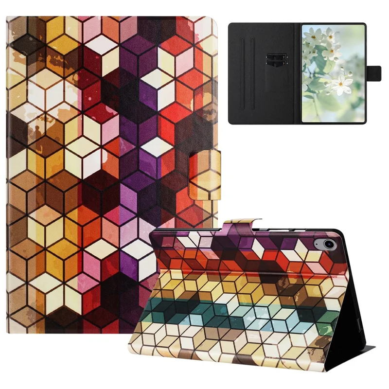 For iPad (2025) / 10.9 (2022) Case Pattern Printed Stand Litchi Texture Leather Tablet Cover with Card Slots - Block