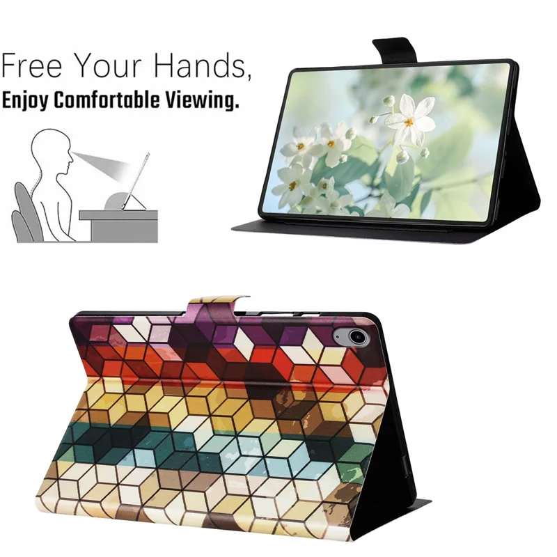 For iPad (2025) / 10.9 (2022) Case Pattern Printed Stand Litchi Texture Leather Tablet Cover with Card Slots - Block