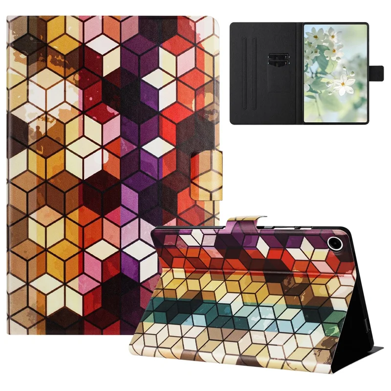 For Samsung Galaxy Tab A11 / A9 Case Pattern Printed Stand Litchi Texture Leather Tablet Cover with Card Slots - Block
