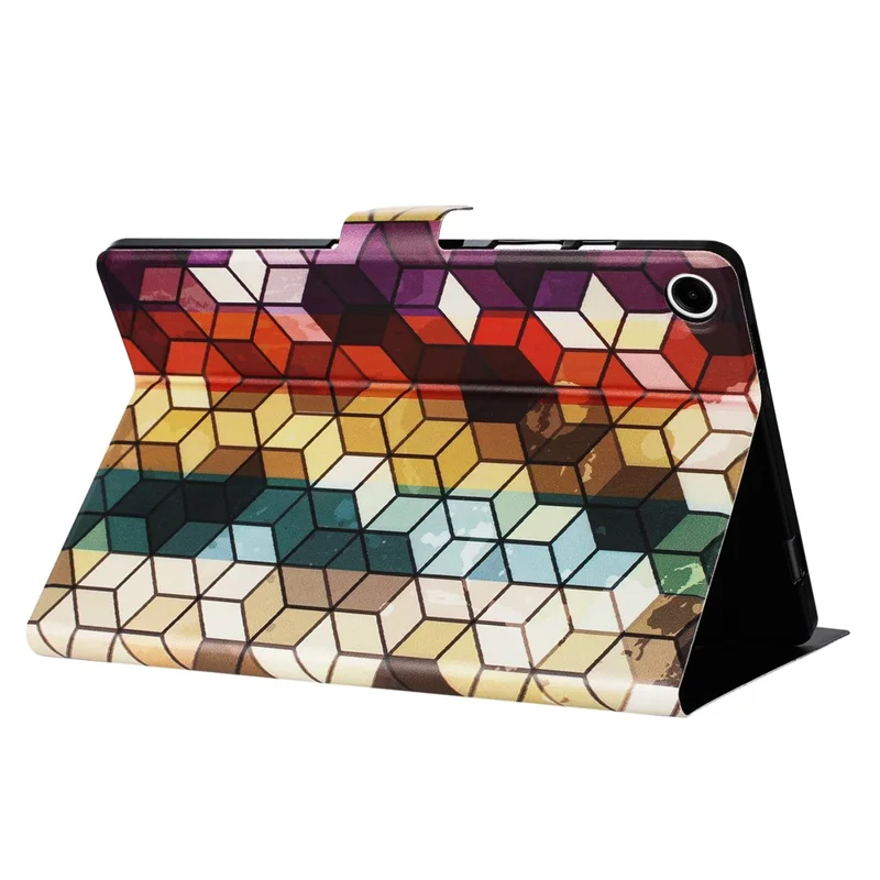 For Samsung Galaxy Tab A11 / A9 Case Pattern Printed Stand Litchi Texture Leather Tablet Cover with Card Slots - Block