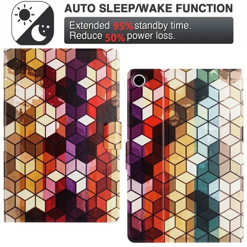 For Samsung Galaxy Tab A11 / A9 Case Pattern Printed Stand Litchi Texture Leather Tablet Cover with Card Slots - Block