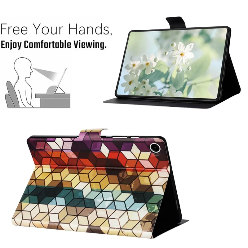 For Samsung Galaxy Tab A11 / A9 Case Pattern Printed Stand Litchi Texture Leather Tablet Cover with Card Slots - Block
