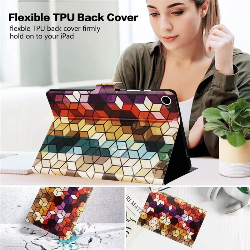 For Samsung Galaxy Tab A11+ / A9+ Case Pattern Printed Stand Litchi Texture Leather Tablet Cover with Card Slots - Block