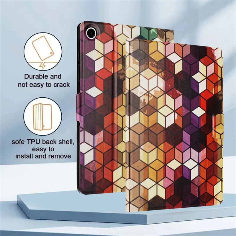 For Samsung Galaxy Tab A11+ / A9+ Case Pattern Printed Stand Litchi Texture Leather Tablet Cover with Card Slots - Block