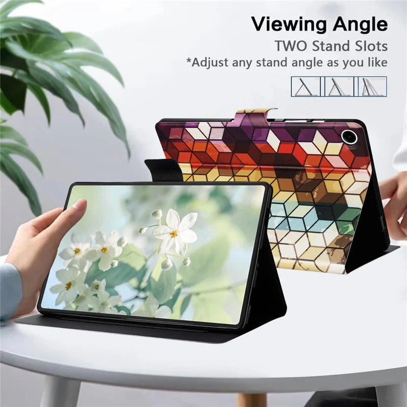 For Samsung Galaxy Tab A11+ / A9+ Case Pattern Printed Stand Litchi Texture Leather Tablet Cover with Card Slots - Block
