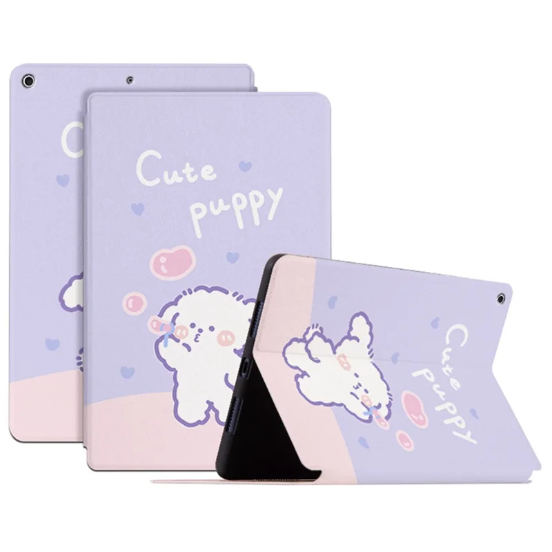 For iPad 10.2 (2021)/(2019)/(2020) Protective Case Cartoon Pattern Printing PU Leather Cover Auto Wake/Sleep Tablet Case with Stand - Bubble Dog