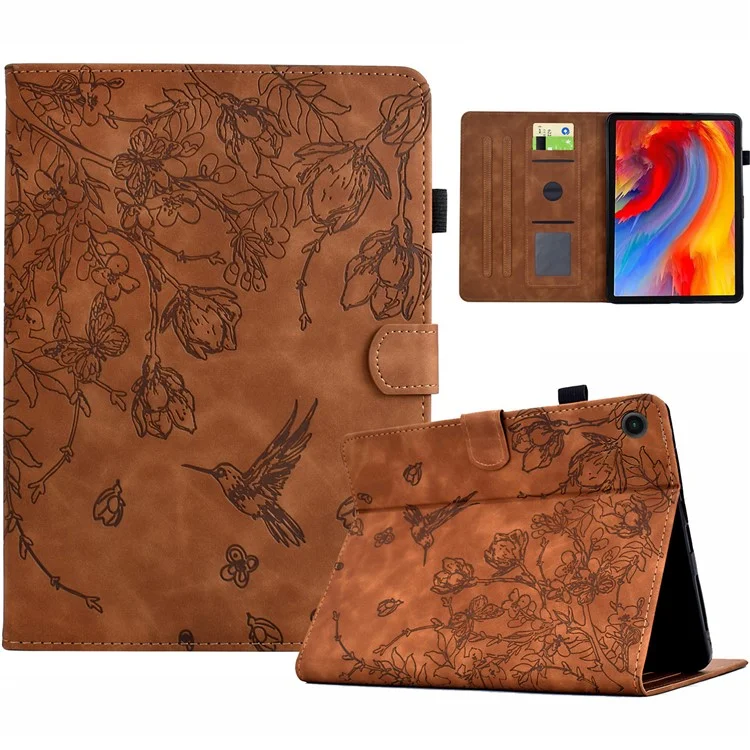 Étui pour Samsung Galaxy Tab A9 avec motif floral et oiseau, porte-cartes en cuir - Marron