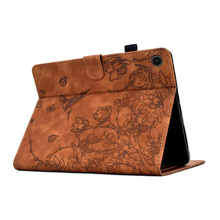 Étui pour Samsung Galaxy Tab A9 avec motif floral et oiseau, porte-cartes en cuir - Marron