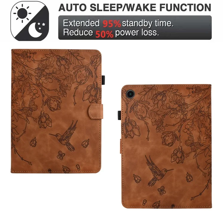 Étui pour Samsung Galaxy Tab A9 avec motif floral et oiseau, porte-cartes en cuir - Marron