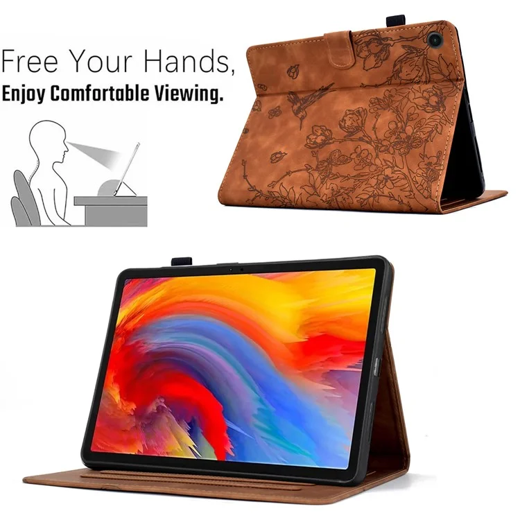 Étui pour Samsung Galaxy Tab A9 avec motif floral et oiseau, porte-cartes en cuir - Marron