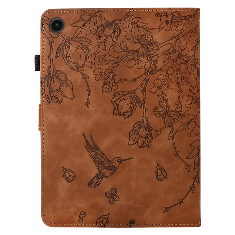 Étui pour Samsung Galaxy Tab A9 avec motif floral et oiseau, porte-cartes en cuir - Marron