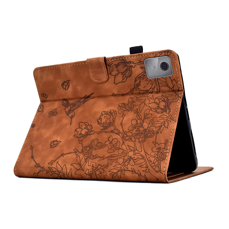 Para Lenovo Tab M11 / Xiaoxin Pad 11 2024 Capa Flor Pássaro Impresso Suporte para Cartão Capa de Couro para Tablet - Marrom
