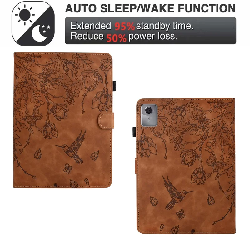 Para Lenovo Tab M11 / Xiaoxin Pad 11 2024 Capa Flor Pássaro Impresso Suporte para Cartão Capa de Couro para Tablet - Marrom